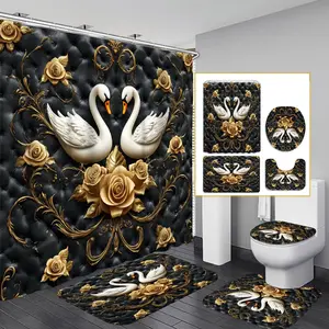 1PC/4PCS 2D Flat Printing Black and Gold Embossed Swan and Rose Patterned shower curtain, home bathroom decor, shower curtain set with 12 hooks, non-slip bathroom rug, U-shaped toilet seat cover, toilet seat mat, Home Goods