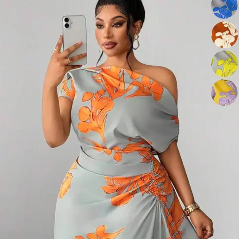 Plus Size Asymmetrical Shoulder Printed Dress, Waist-Cropped A-Line Elegant Long Dress, European Style Party Evening Gown for Weddings, Parties, Dates