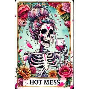 1PCS Sugar Skull Diamond Painting Kit Hot Mess Skeleton Art with Flowers and Wine Glass DIY Rhinestone