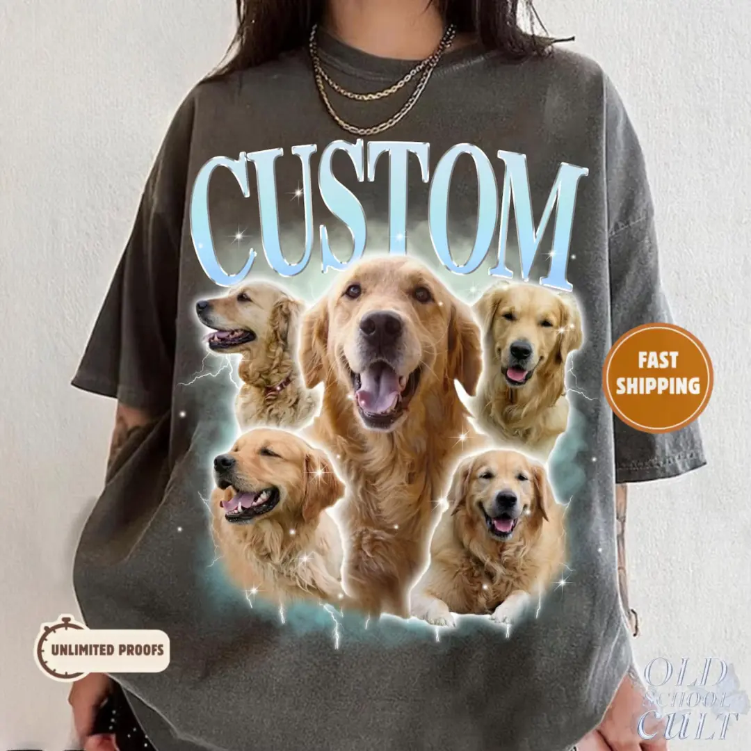 Youth And Adult Custom Pet Vintage Bootleg T-Shirt, Retro Personalized Pet Photo + Name Shirt, Custom Dog Portrait Top,Design Cat Shirt Tee