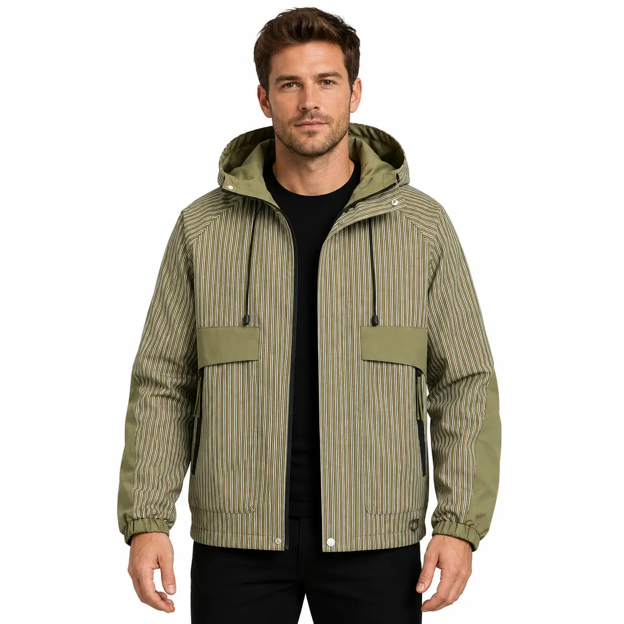 Men’s Olive Green Geometric Stripe Hooded Utility Jacket, Full-Zip Long Sleeve Colorblock Outerwear with Dual Front Flap Pockets and Elastic Cuffs for Outdoor Casual, Travel, Commuting and Daily Wear