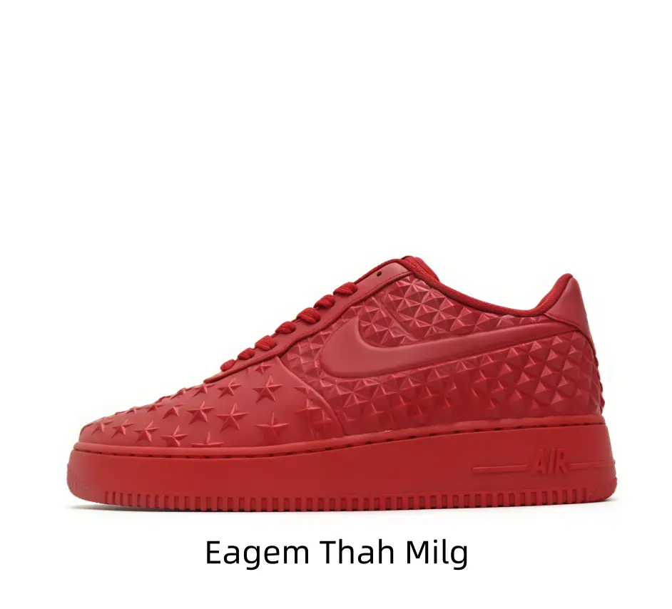 Trendy monochrome scarlet leather sneakers adopt classic low-top silhouette, full-coverage 3D embossed star and triangle texture, thick matching red sole delivers soft shock absorption for all-day walking comfort