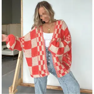 Casual Cardigan Sweater for Women Fall  Long Sleeve Open Front Chunky Knit Sweaters Checkered Outwear Coat No.35 Fabric Fashion Can be used with raincoat