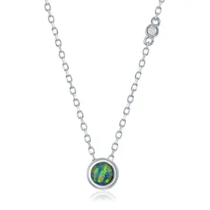 Sterling Silver Bezel-set Blue Inlay Opal with Single Bezel-set CZ Necklace
