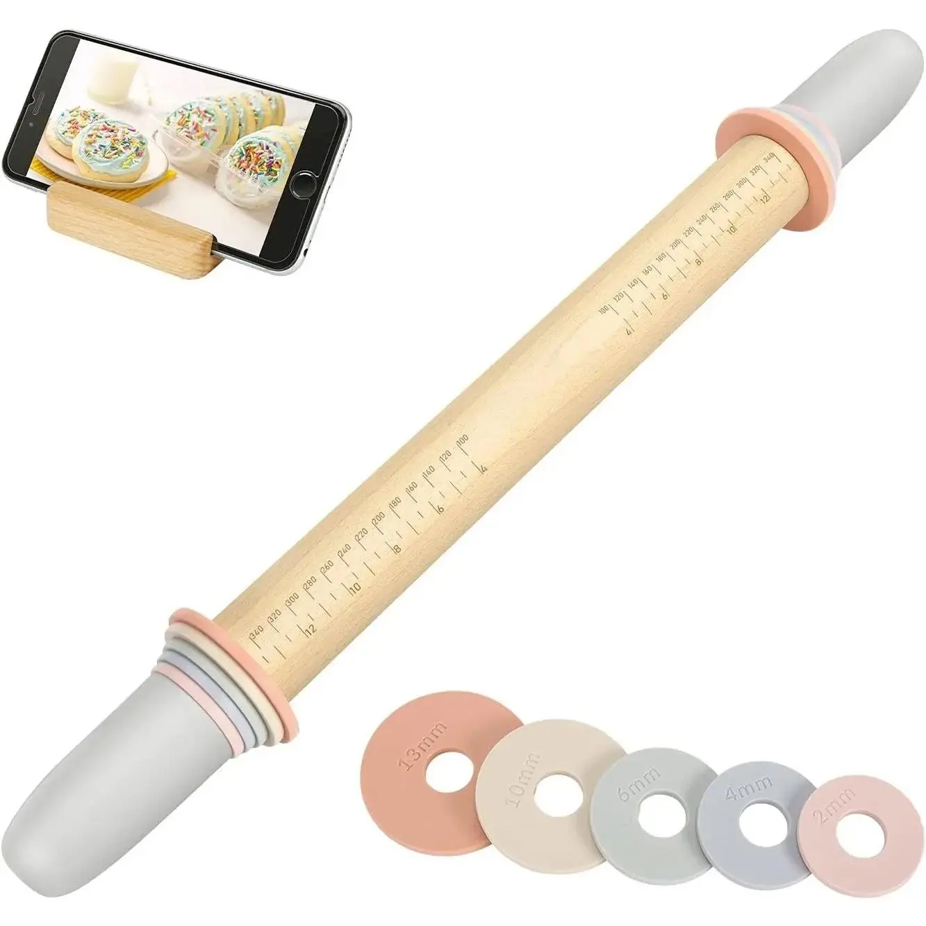 Adjustable Wood Rolling Pin with 5 Thickness Rings, Precise Handle-Press Design, Accurate Measurements - Baking Tools for Fondant, Pizza Crust, Customizable Size, Easy to Store, Handle-Free Shape Bakeware Utensils