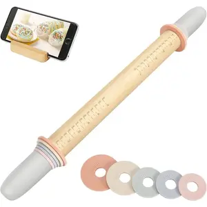 Adjustable Wood Rolling Pin with 5 Thickness Rings, Precise Dough Roller Handle Press Design with Measurement Guide for Fondant, Pizza, Pie Crust, Cookie, Pastry Baking Decorating Accessories