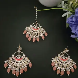 Kundan Statement Earrings and Tika set for women
