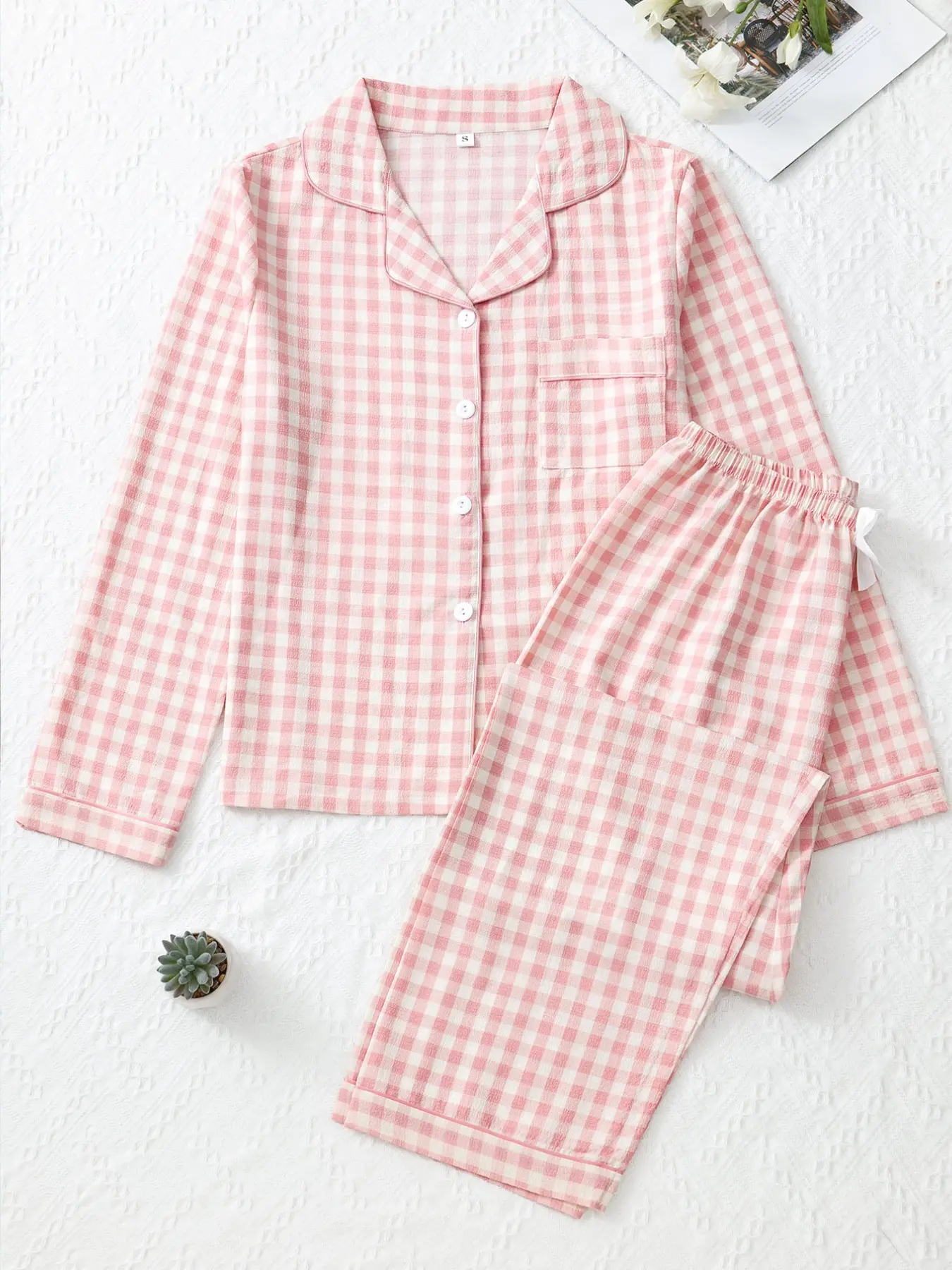 Women's Home Sleepwear 2-Piece Set, Plaid Print Casual Fitted Long Sleeve and Pants, Simple Lapel Single Button Open Front Comfortable Loungewear Pajama Set