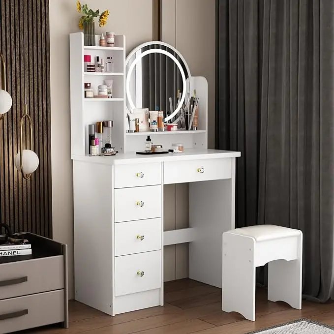 FUFU&GAGA Upgraded Makeup Dressing Desk (31.5"x15.7"x53.1"H) - MDF Board with LED Mirror, Lights, Drawers, 6-Tier Shelf Space, Scratch-Resist Top, Storage, Soft PU-Leather Seat, Vanity Organization, Pink/Black/White, Requires Assembly