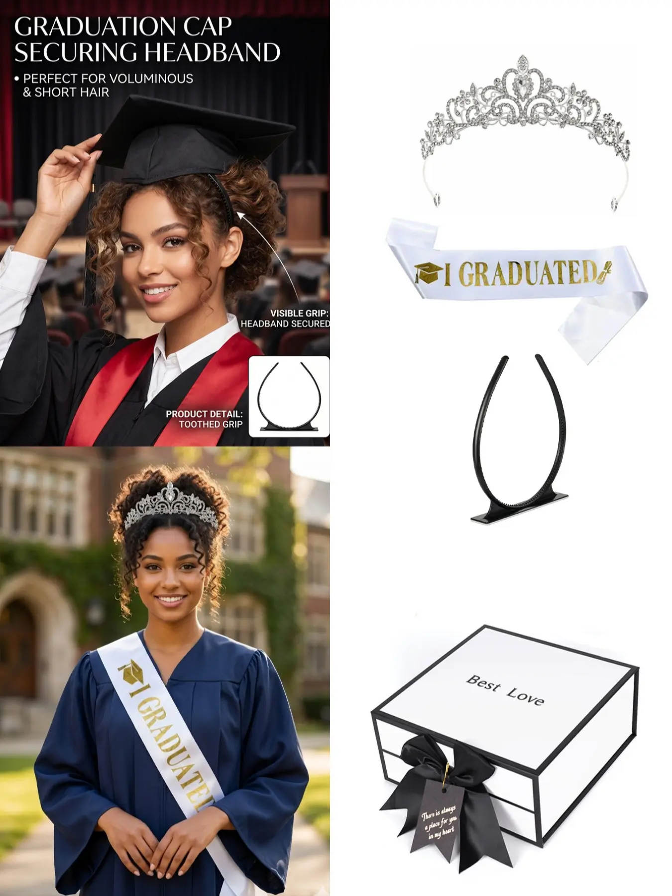 Luxurious Rhinestone Crown Set, Graduation Band & Self-Adhesive Hat Holder, 3-Piece Kit for Graduation Ceremony, Essential Graduation Accessories