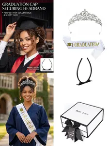 Luxurious Rhinestone Crown Set, Graduation Band & Self-Adhesive Hat Holder, 3-Piece Kit for Graduation Ceremony, Essential Graduation Accessories