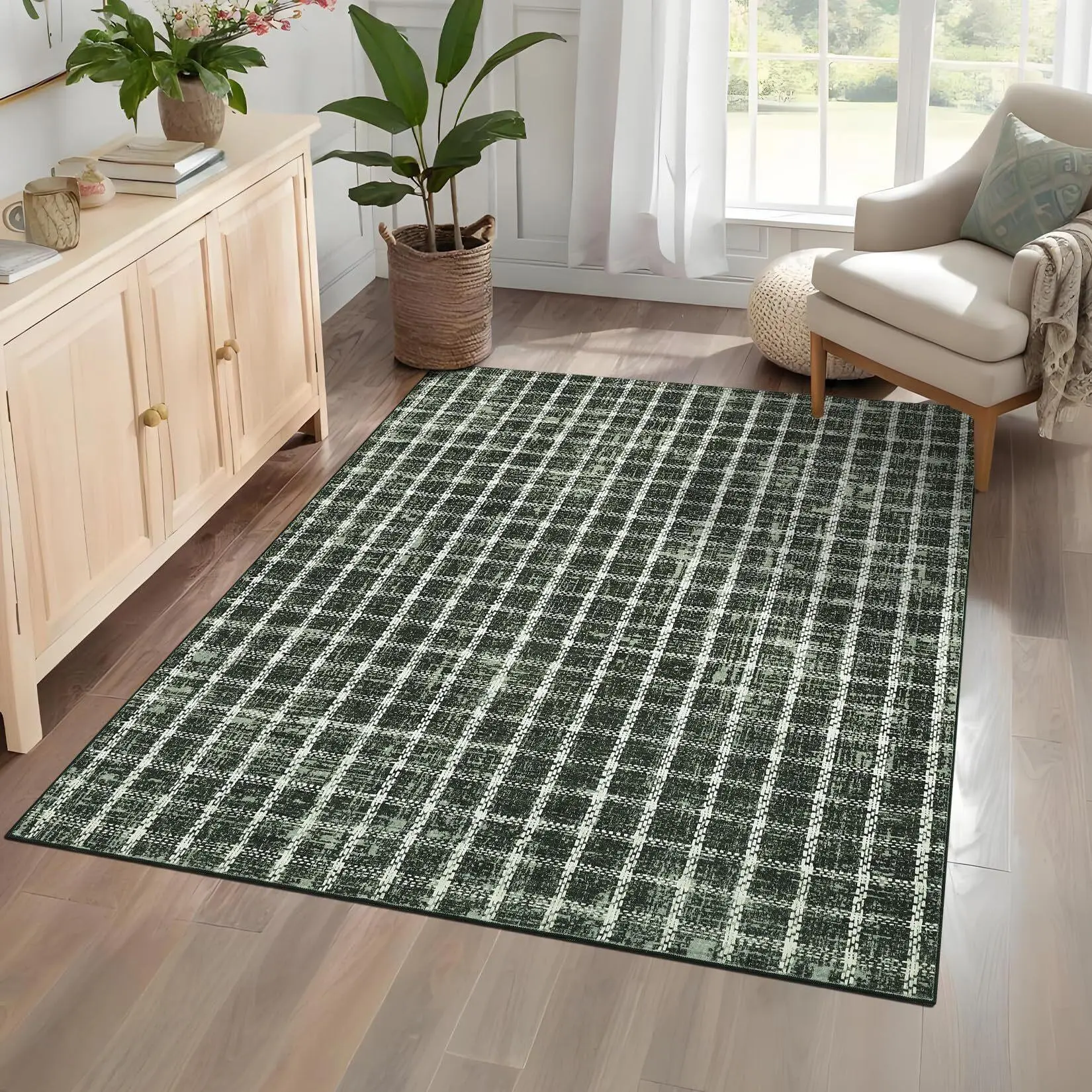 5x7 Runner Rug Washable Non Slip Kitchen Rugs Geometric Checkered Print, Modern Throw Carpet for Home Office, Green