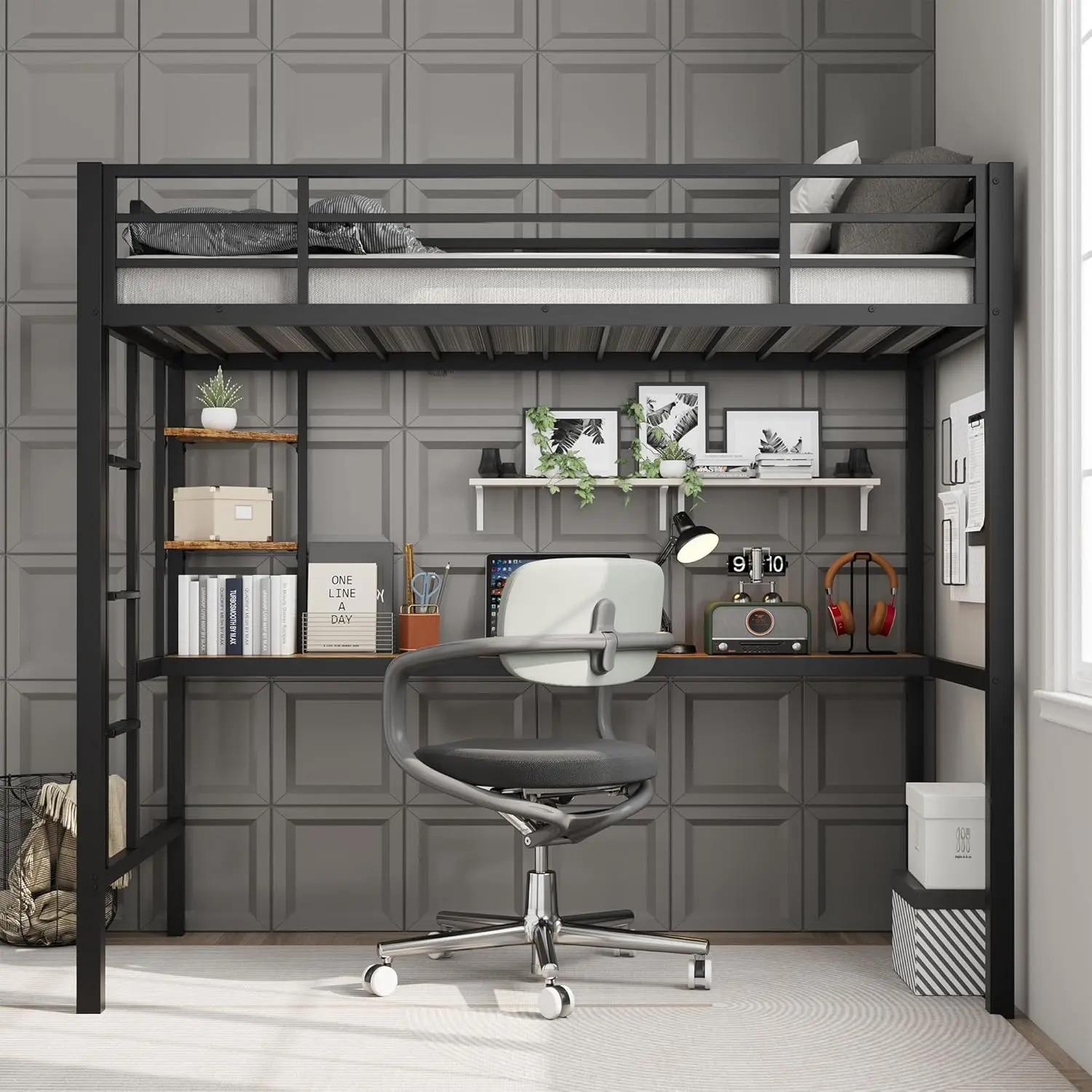 【Christmas Gift】Twin Size Loft Bed with Large Desk and Storage Shelves Loft Bed with Stairs  Safety Guardrail for Kids Adults Space Saving for Living Room Bedroom Black and Brown