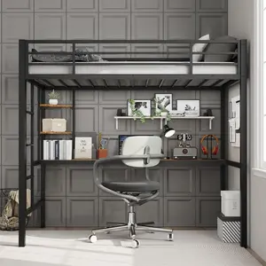 Gaomon Twin Size Loft Bed with Stairs, Large Desk, Storage Shelves, Safety Guardrail, Space-Saving Indoor Furniture for Kids, Living Room & Bedroom (Black and Brown)