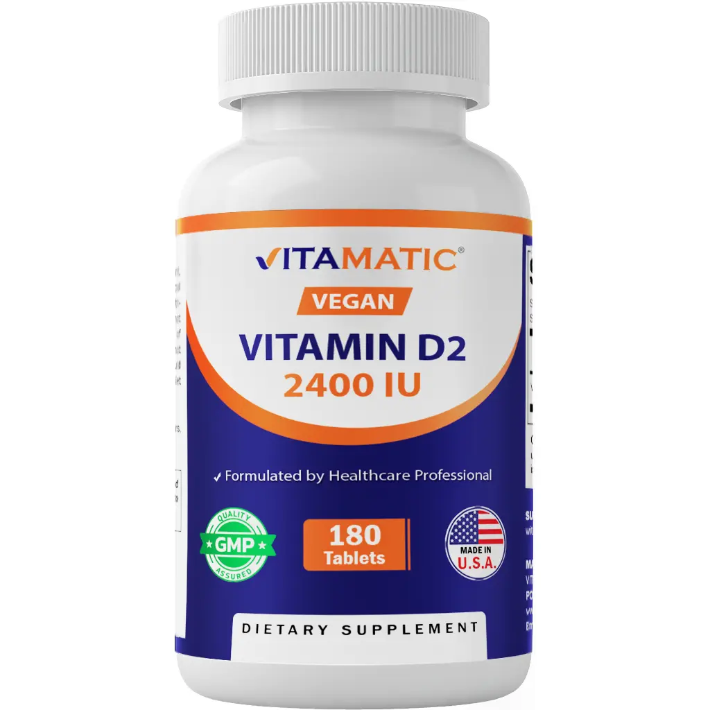 Vitamatic High-Dose Vitamin D2 60 mcg (2400 IU) Ergocalciferol - 180 Unflavored Vegetarian Tablets, Gluten-Free, Magnesium-Infused Healthy High Dose Vitamin for Heart Health Supplement & Bone Support
