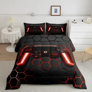 Feelyou Gaming Microfiber Comforter Set - Soft Blanket, Neon Lights Gamepad, Red Grey Hexagon Geometric Pattern Bedding, Video Gamer Duvet Set