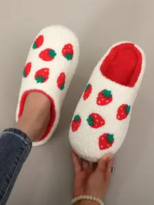 Women's Strawberry Pattern Plush Fuzzy Warm Slippers, Casual Soft Comfortable Home Slippers, Soft Non Slip Warm Slippers for Indoor & Outdoor Use for Fall & Winter, Footwear, Walking Shoes, Slippers Sandals