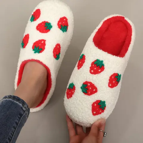 Women's Strawberry Pattern Plush Fuzzy Warm Slippers, Casual Soft Comfortable Home Slippers, Soft Non Slip Warm Slippers for Indoor & Outdoor Use for Fall & Winter, Footwear, Walking Shoes, Slippers Sandals