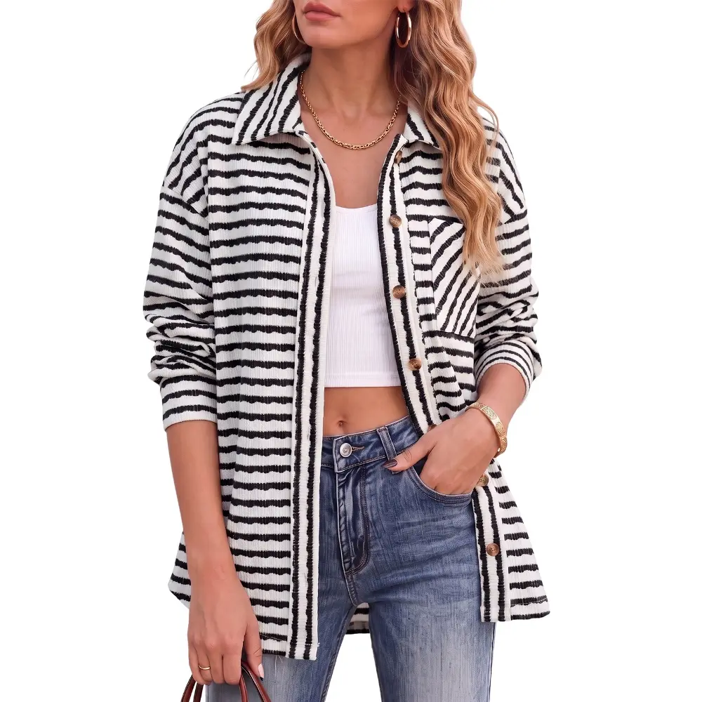 Dokotoo Fall Jackets for Women Casual Oversized Long Sleeve Striped Shirts Collared Button Down Shacket Jacket