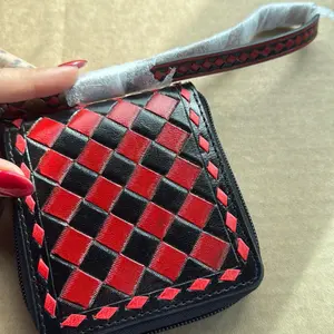 Black and Red Check zip Card Holder wallet with Wristlet Leather - Stylish and Functional Accessory for Everyday Use