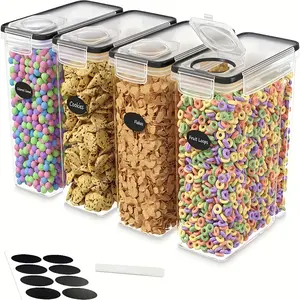 4pcs Airtight Containers] 4pcs Airtight Cereal Container Set, Transparent Food Organizers With Lids 4 Liter Reusable Labels And Marker, Clear