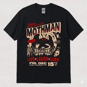 Mothman Terror Strikes In The Sky Printed T-Shirts, High-Quality Batik Cotton Vintage Fashion T-Shirts Cotton Graphic Tees Sweatshirt Hoodie