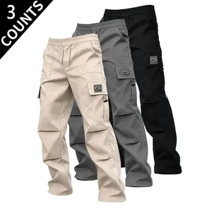 Men’s 3-pack wide-leg cargo pants featuring multiple pockets and an elastic waistband; casual streetwear style with a loose fit and drawstring design—ideal for outdoor activities, urban fashion, everyday casual wear, and weekend outings.