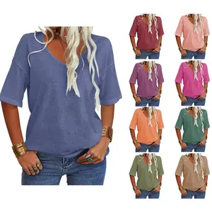 PASLTER Women Fashion V-Neck Half Sleeves Oversized T Shirt Solid Casual Loose Basic Tops