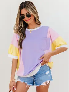 Purple Color Block Patchwork Half Sleeve T Shirt for Women, Casual Pocket Tee with Puff Sleeves