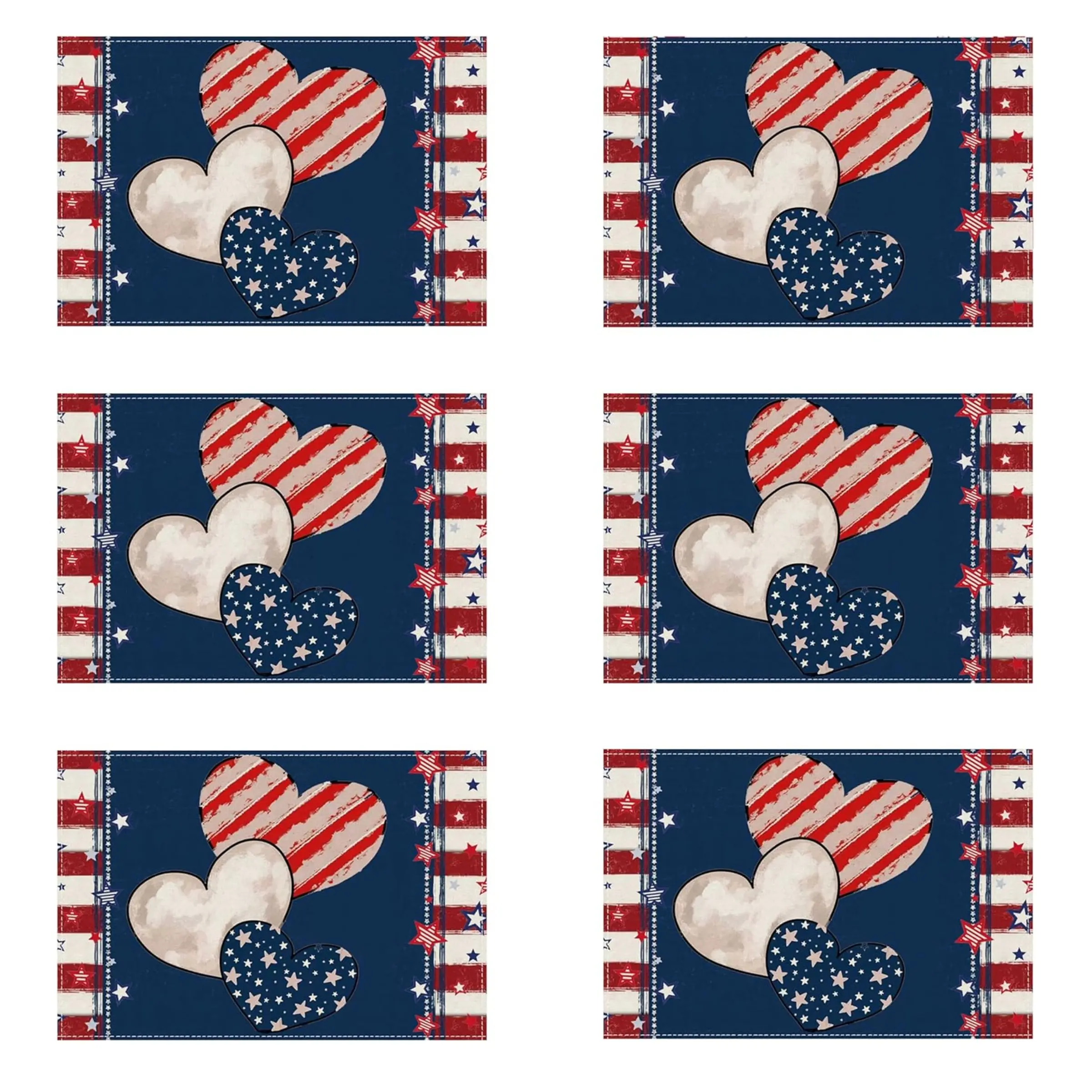 2D flat printing, 2 pieces/4 pieces/6 pieces/8 pieces heart-shaped striped star July 4th placemat, patriotic American Memorial Day Independence Day table decoration tablecloth, size 12x18 inches, Table Placemats