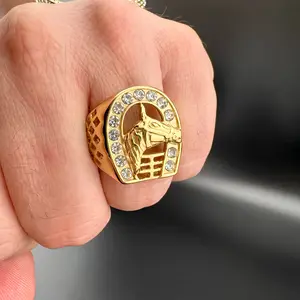Men's Hip Hop Horseshoe Ring with Cubic Zirconia, Stainless Steel with 18K Gold PVD Plating, Sizes 10, 11, and 12, Durable and Stylish for Everyday Wear.