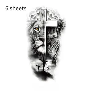 Waterproof Temporary Tattoo Set, Forest Lion Jesus Cross Design, Old School Arm Leg Tattoos, 6 Pieces, Perfect for Party & Festival Use