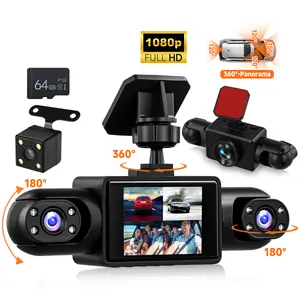 Quad-lens 360° Dash Camera 1080P Front+3×480P Multi-Angle Recording 2" IPS Screen 8 Night Vision Lights Reverse Aid Motion Detection Loop Recording Support 64GB Card Exposure Compensation Parking Monitor Fit All Vehicles with Rear Lens Kit