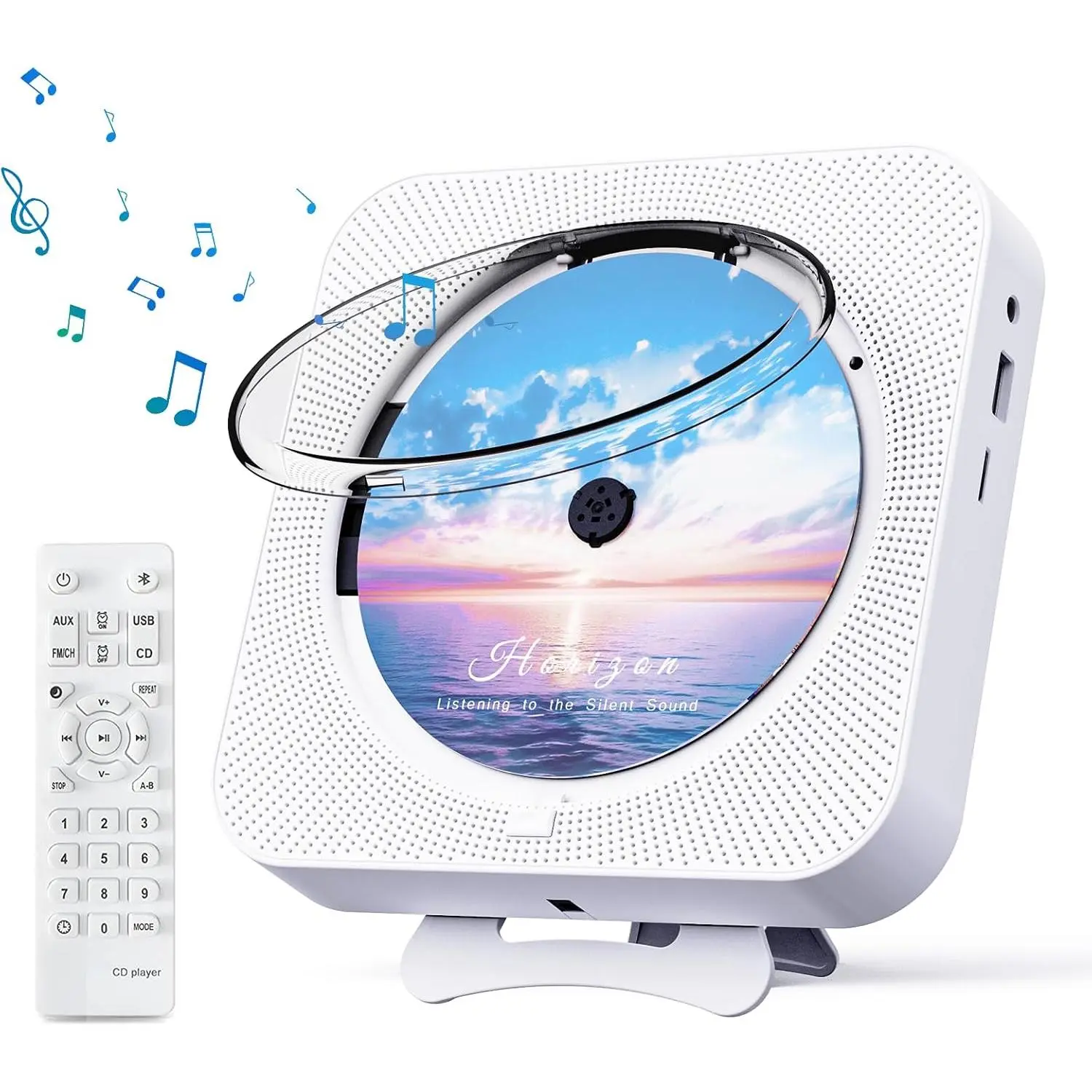 Portable CD Player Boombox with Remote Control, Timer, Built-in Mini Speakers, LED Display, Audio Function, USB Port, FM Radio - Card & Mobile Compatible for Party, Yoga (White)