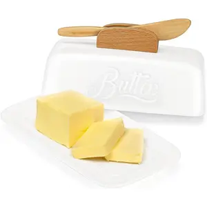Butter Dish with Lid and  Ceramic Butter Holder for Counter Humanized Clamp-able  Handle Design,  for East West Coast Butter, White