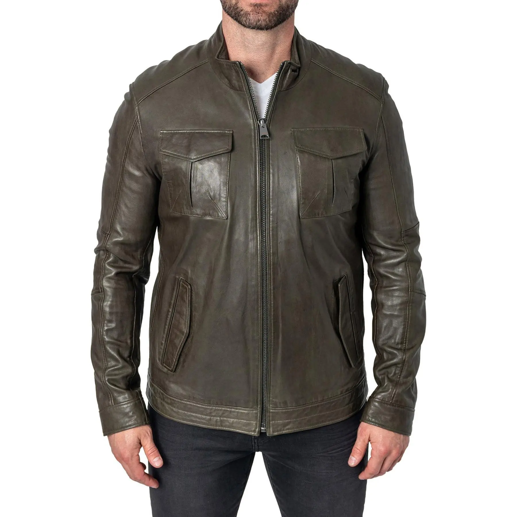 Mens Military Style Olive Green Leather Jacket