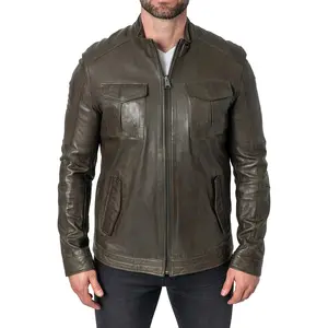 Mens Military Style Olive Green Leather Jacket