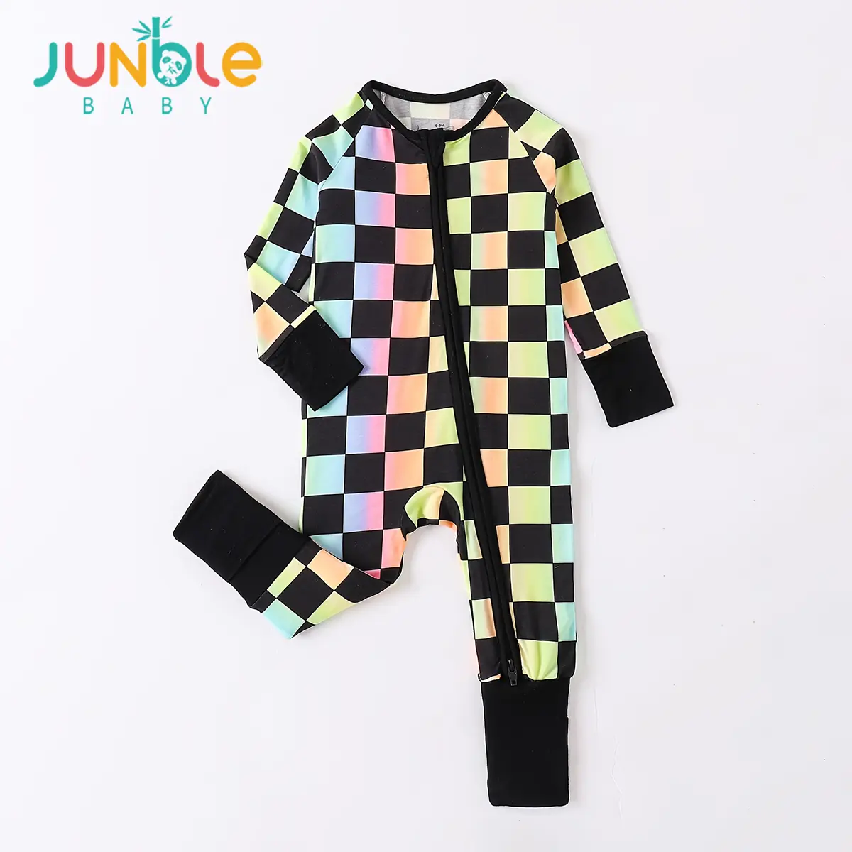 JUNBLEBABY Unisex Bamboo Long Sleeve Baby Romper, Stylish multi-color & black check print Sleeper with 2-Way Zipper & Convertible Footies, Infant (0-24M), Tight, Checkerboard, Regular, All Seasons, Baby Clothing, Sleepwear Outfits, Bamboo, Car, Vehicles
