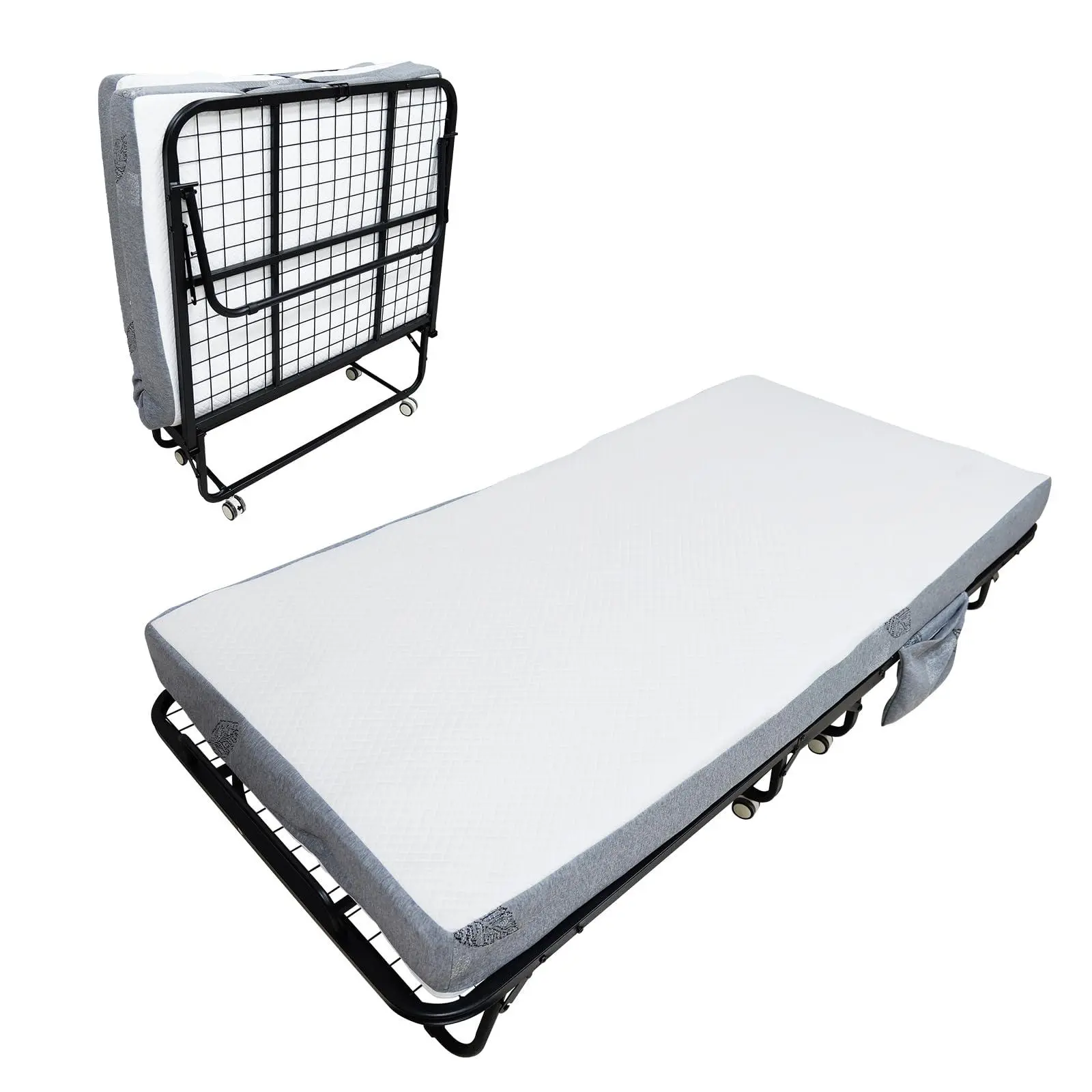 Folding Bed with Mattress, 75" x 38" Rollaway Bed with 6" Memory Foam Mattress for Adults, Portable Foldable Guest Beds with Side Storage Pocket for Home Office Space Saving
