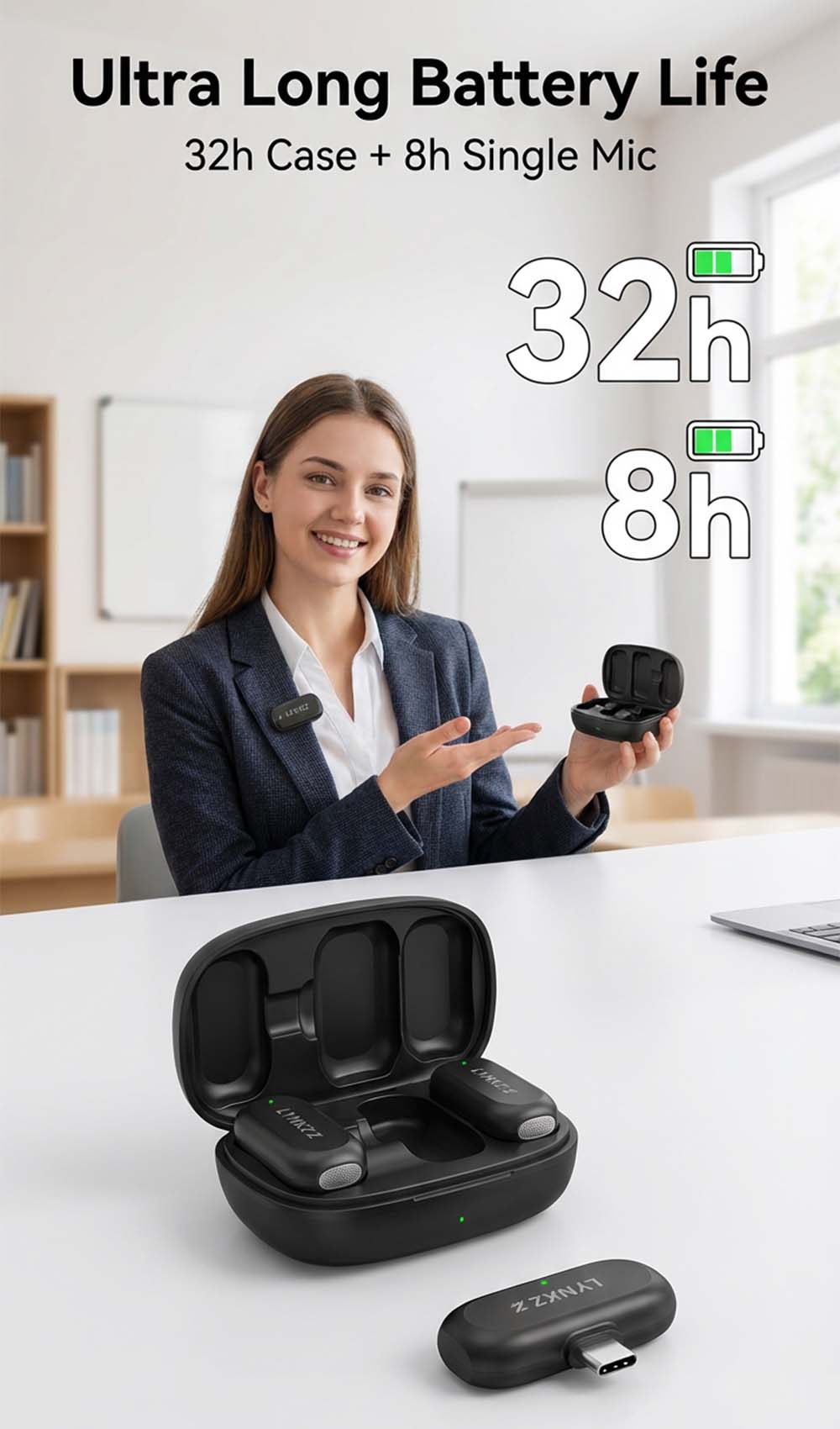 LYNXZ A8 Wireless Mini Mic | 2TX+USB-C | Magnetic | 48kHz/24bit | For iPhone 17/16/15 & Android | Vlog Podcast Streaming