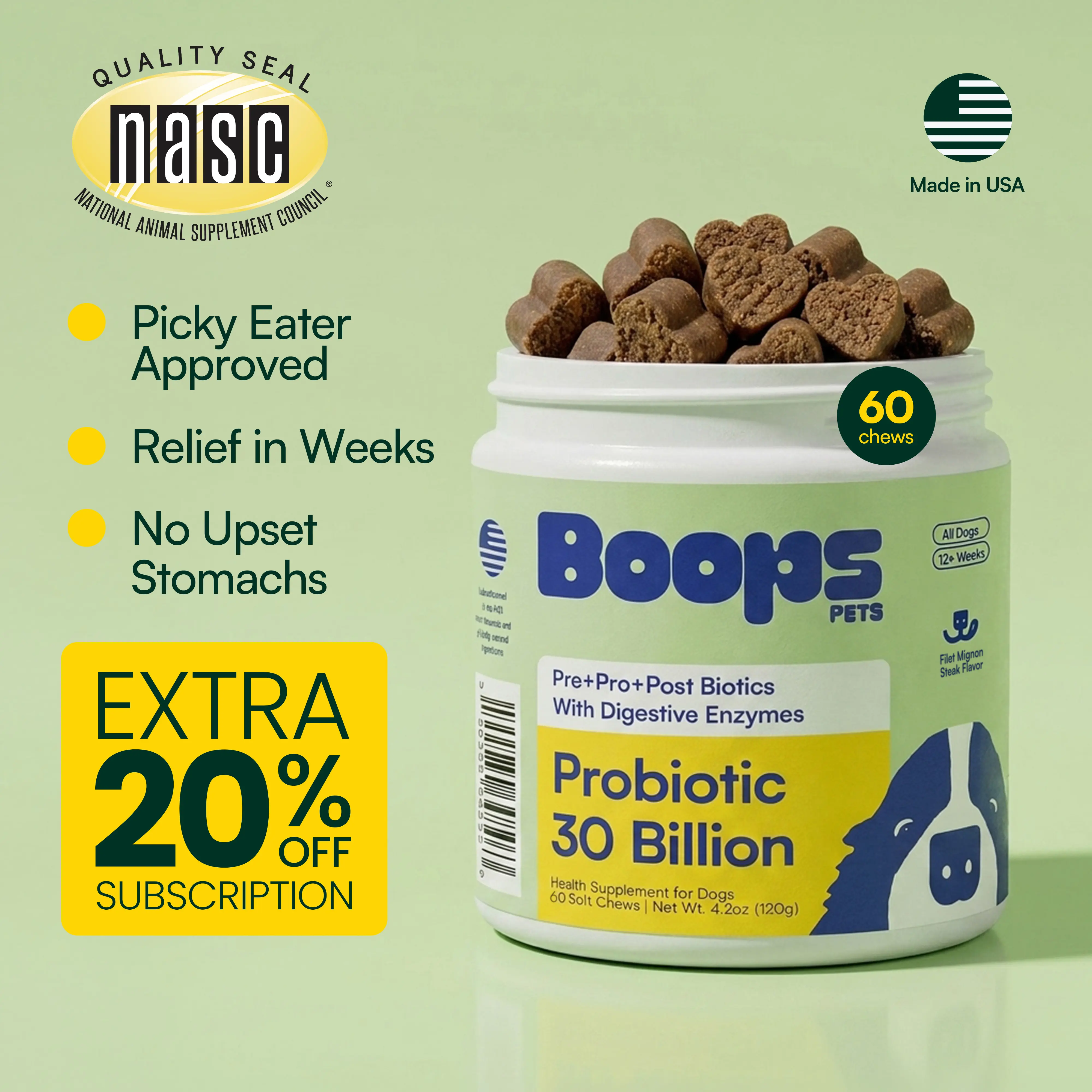 Boops Pets Probiotic 30 Billion for Dogs – 30 Billion CFU with Pre, Postbiotics & Digestive Enzymes – Supports Gut Health, Immunity, Loose Stools & Allergies – Filet Mignon Flavor – Vet Formulated – 60 Chews