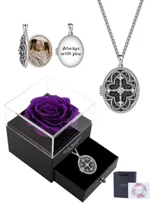Elegant Picture Locket Necklace With Rose Jewelry Gift Box, Customized Photo Jewelry Memory Personalized Jewelry Gift for Women, Anniversary Birthday Mother's Day Jewelry Gift for Mom Grandma Wife