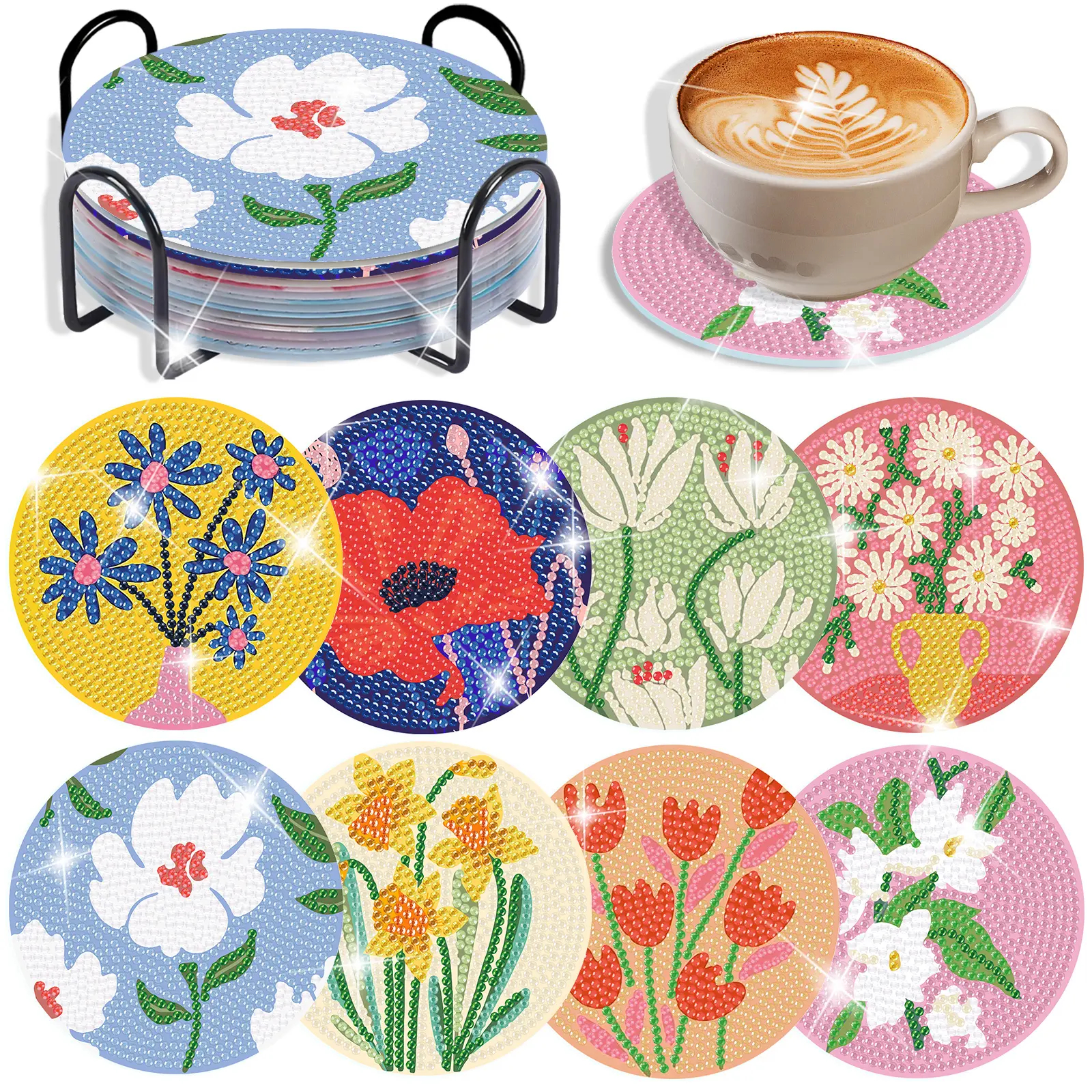 8-piece DIY Craft Diamond Painting Coaster Kit, Decorative 5D Diamond Art Kit, includes storage rack, cork mat, and tool bag, suitable for adults.