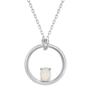 Sterling Silver, Open Circle with Four-Prong White Opal Oval Pendant w/Chain