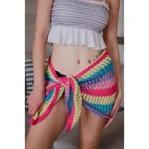 Neon Rainbow Striped Crochet Coverup Sarong Beach Skirt