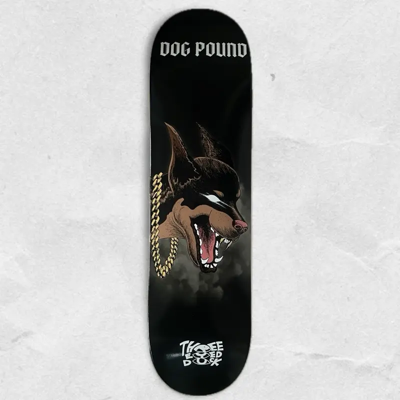DOG POUND Skate Deck - Gold Variant - 8.25 - 7 ply maple deck - doberman with chains hand drawn art skateboard