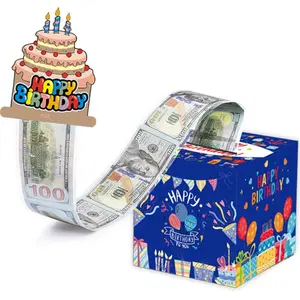 Birthday Money Box for Cash Gift Drawing, Surprise Pull-Out Card Coin Holder & 50 Transparent Bags DIY Set, Fun Way to Give Money Gifts (blue) Party Gift
