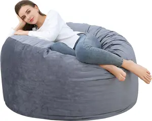 4FT Velvet Bean Bag Chair - Giant Foam Filled Beanbag Sofa - Round Lazy Chair for Living Room Bedroom - Grey