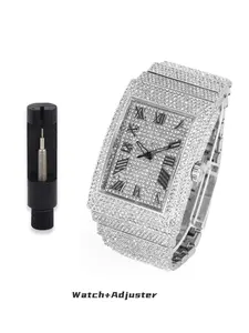 Elegant Square Dial Quartz Watch - 46mm Iced Out Rectangle Roman Numeral 18K Gold Plated Alloy Band Precision Timing Japanese Quartz Movement