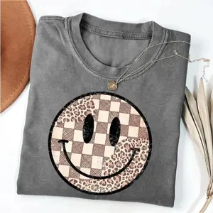 Retro Fall Smiley Face T-Shirt, Leopard Checkered Graphic Tee, Trendy Autumn Shirt, Cute Fall Top, Happy Face Gift